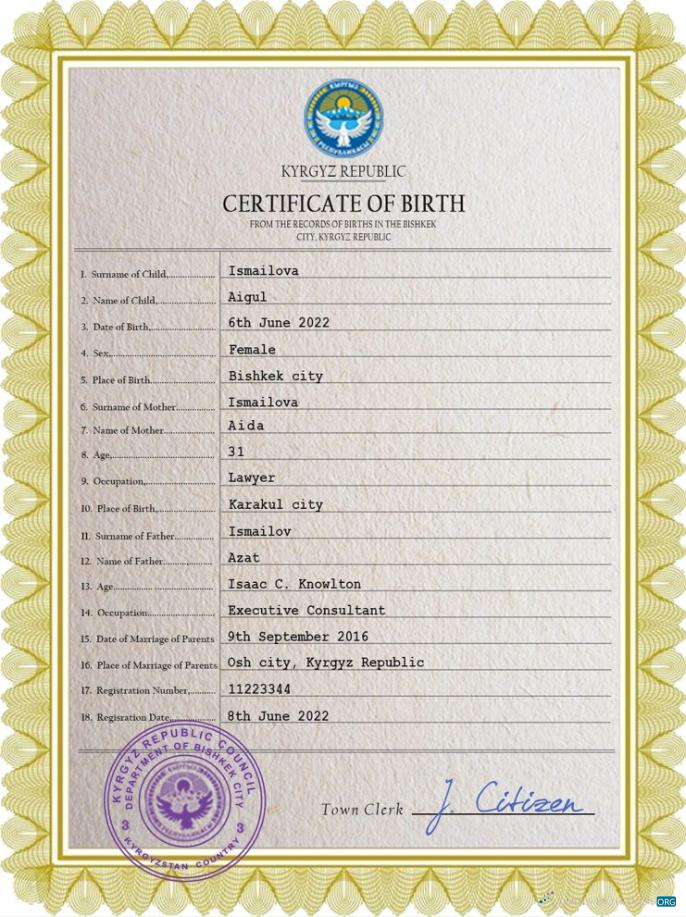 Download Kyrgyzstan vital record birth certificate PSD template Photoshop template